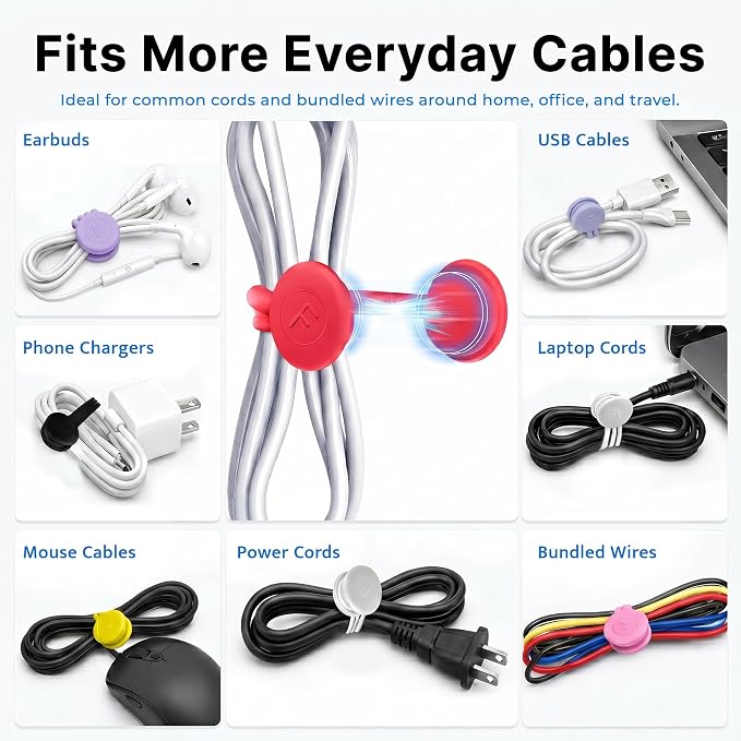 COOLMI Magnetic Cable Ties 8 Pack, 6.88 Inch Reusable Silicone Cord Organizer Wraps, Strong Magnet Cable Management Straps for Charging Cords, USB Cables, Earbuds, Desk, Travel, Assorted Colors