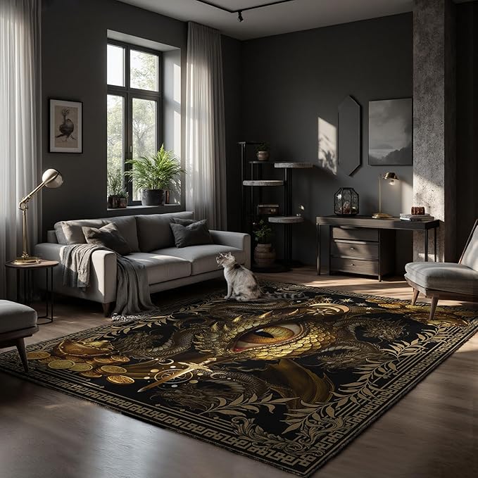 Dark Black Area Rug 8x10 -Dragon & Treasure Carpet with Fantasy Design, Luxurious Machine Washable Non-Slip Rug for Living Room, Bedroom.