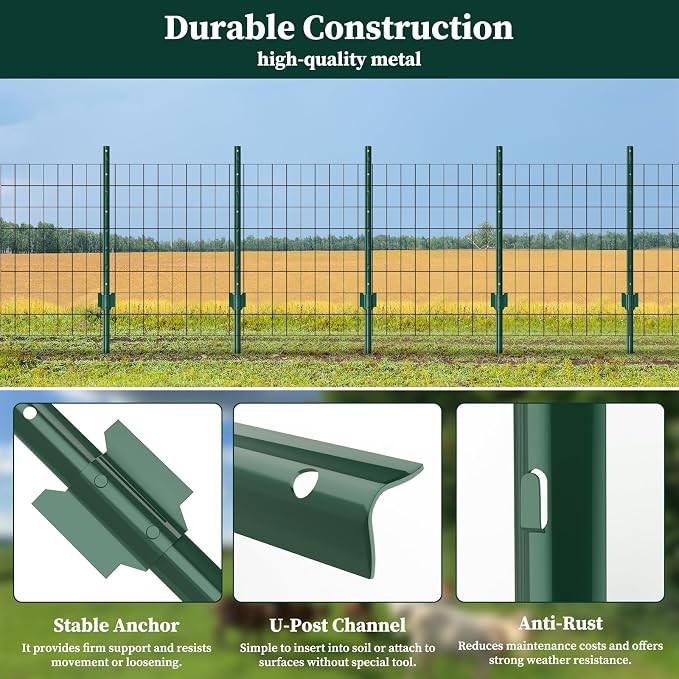 20 Pack Metal Garden Fence Posts 5 FT Green – Heavy Duty U-Post for Wire Fencing, No-Dig Fence Stakes for Temporary Fencing, Corner Anchor Posts, Rustproof Powder-Coated Steel for Farm, Yard & Garden