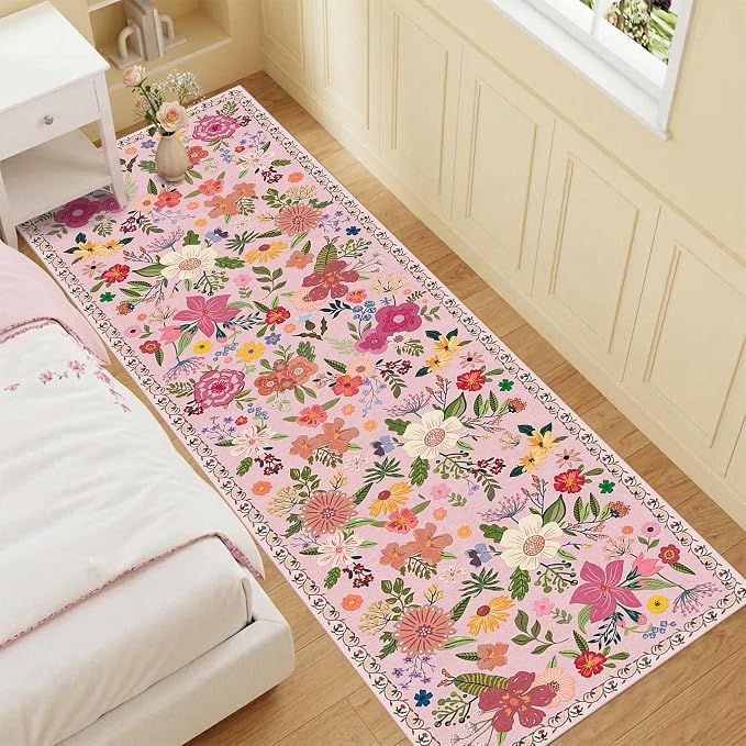 Latte&Fog Pink Washable Hallway Runner Rug 2.6x8 Non Slip Kitchen Rug | Low Pile Soft Cute Throw Rug Doormat for Entrance Bathroom Laundry Bedside Bedroom Nursery Playroom Hallyway Dorm Office