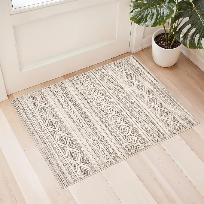 cotiled Washable 2x3 Entryway Rugs: Boho Moroccan Soft Small Rug | Solve Modern Neutral Trendy Home Decor - Stain Resistant for Bathroom Entryway Kitchen Laundry Dark Brown