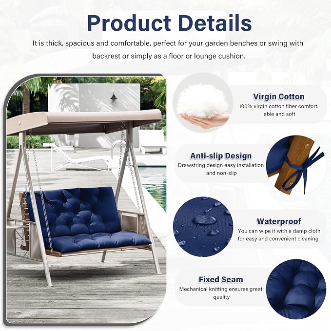 Porch Swing Cushion with Backrest,Waterproof Bench Cushion for Outdoor Furniture,2-3 Seater Replacement Thickened 5 in swing cushion,with Ties,Patio,Outdoor,Backyard and Garden (Blue,40x40 in)