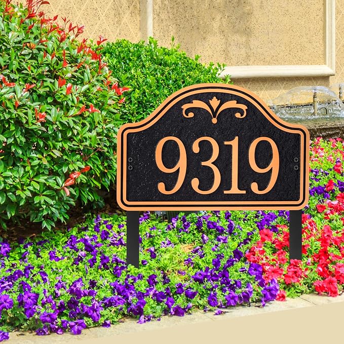 Personalized Lawn Address Plaque Sign with Stakes - House Address Signs for Outside Use for House,Apartment,Office,Yard (Black/Red Copper)