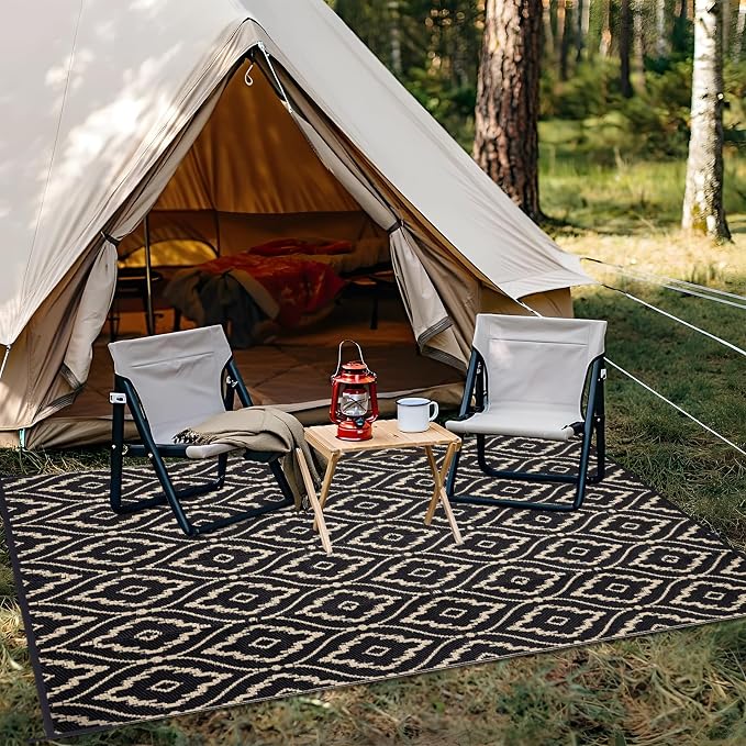 OLANLY Outdoor Rug 8x10 ft Waterproof, Outdoor Plastic Straw Rug with Geometric Pattern Clearance, Reversible RV Mat for Patio, Camping, Balcony, Deck, Backyard, Black & Beige