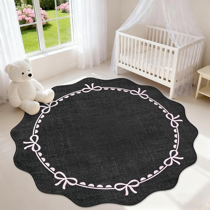 GarveeHome 5ft Round Rugs Washable Scalloped Bow Rug for Bedroom Black Pink | Non Slip Soft Low Pile Ultra-Thin Stain Resistant Indoor Carpet for Living Room Nursery Girls Dorm Decor Kids Room Playroom