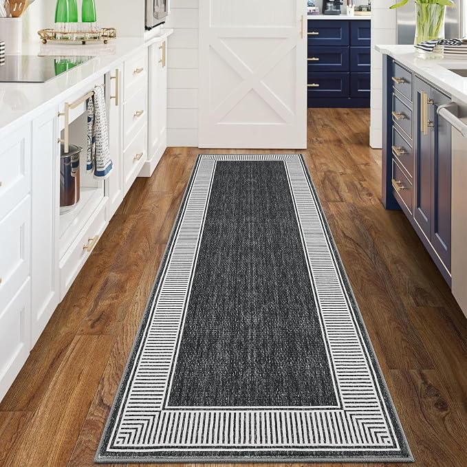 GarveeHome Hallway Runner Rug 2x6 Washable Kitchen Runner Carpet | with Rubber Backing Stain Resistant Striped Border Entry Rug Geometric Area Rug for Living Room Bedroom Dining Room, Black