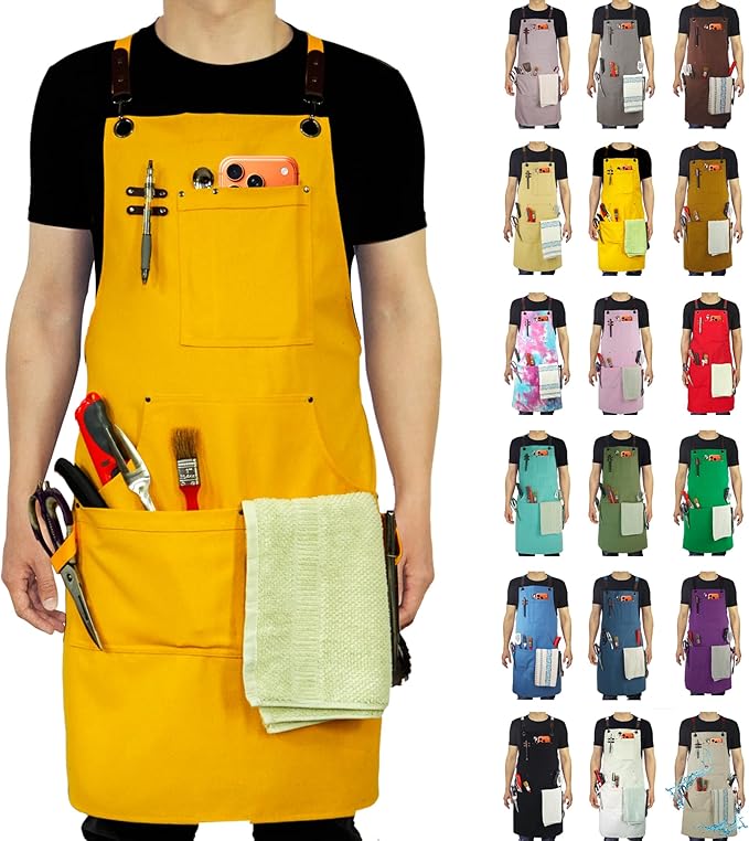 Kitchen Apron, Work Apron, Canvas Apron, Yellow | Multiple Pockets, Gardening, Painting, BBQ, Artist, Carpenter, Sizes M to XXL