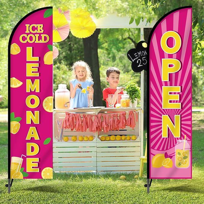 2 Sets Lemonade Feather Flag for Business Advertising 11 FT Summer Lemonade Swooper Flag Sign with Pole Ground Stake Portable Bag Windless Welcome Open Banner for Outside Garden Business Store (Pink)