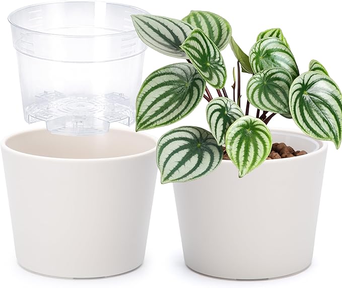 Phoenix Vine 6.6 Inch Oatmeal Plastic Cachepot with Clear Nursery Pot, Decorative Lightweight Planter Cover with Transparent Inner Pot for Indoor Houseplants, Pack of 2, 24-C-G-2