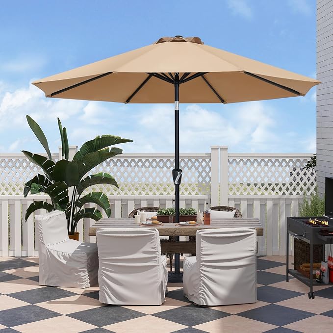 ABCCANOPY 9FT Outdoor Patio Umbrella, 8 Ribs Table Umbrella w/Crank for Easy Set Up, Suitable for Garden, Lawn, Deck & Backyard (Khaki)