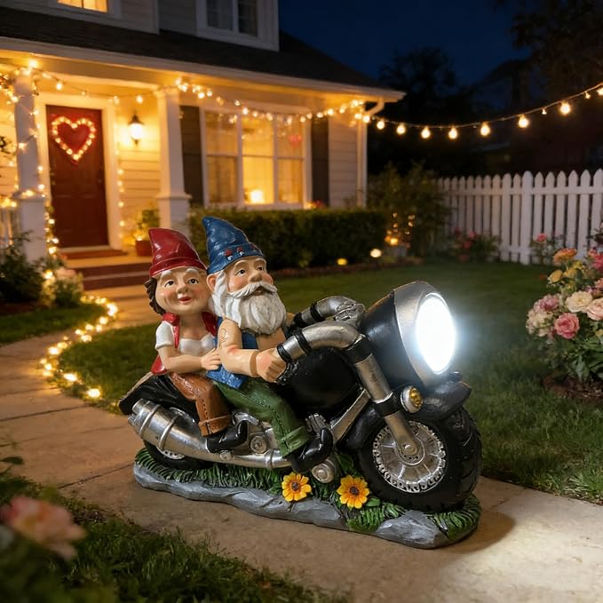 Motorcycle Gnome Couple Solar Light Outdoor Garden Statue Decor | 11 inch Resin Biker Pair Weatherproof LED Powered Yard Patio Lawn Porch Deck Funny Anniversary Birthday Gift Idea for Him