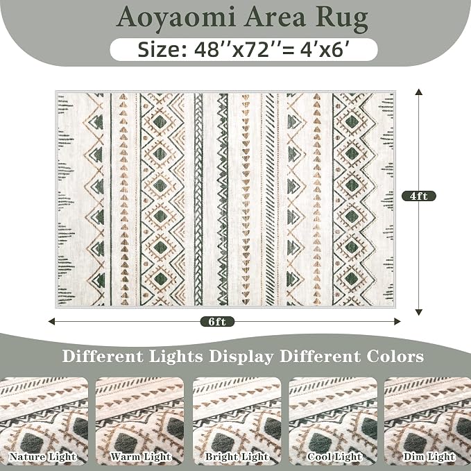 Area Rug 4x6 Geometric Rug: Washable Boho Moroccan Rugs Soft Farmhouse Rug, Modern Neutral Stain Resistant Indoor Floor Carpet for Living Room Bedroom Dining Table Nursery(Brown Green,4'x6')