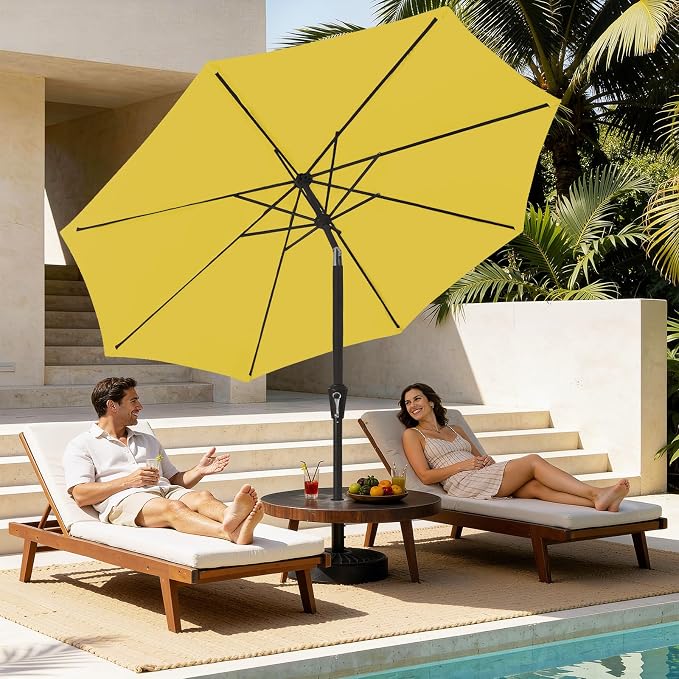 MEWAY 9ft Patio Umbrella Outdoor Table Umbrellas with Push Button Tilt and Crank, Market Umbrella 8 Sturdy Ribs for Deck, Garden, Pool and Backyard, Yellow
