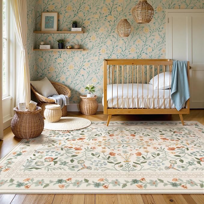 Lahome Beige Floral Washable Area Rug 9x12, Extra Large Botanical Carpet | Non Slip Carpet for Living Room Dining Room, Low-Pile Soft Rug for Bedroom Office, Home Decor