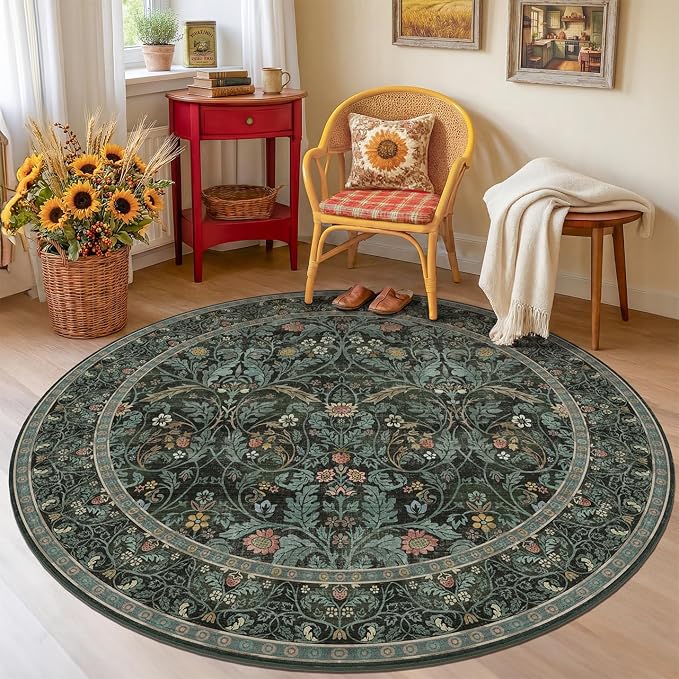 Dark Green 6ft Round Rugs for Dining Room, Living Room, Kitchen, Botanical Floral Washable Circle Area Rug for Bedroom, Traditional Oriental Moody Home Decor Circular Carpet