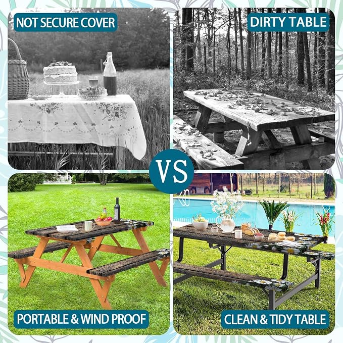 Picnic Table Cover with Bench Cover, Outdoor Patio Camping Essentials Farmhouse Daisy Table Covers with Elastic Waterproof Camping Tablecloth with Drawstring Bag, 60In 3PCS