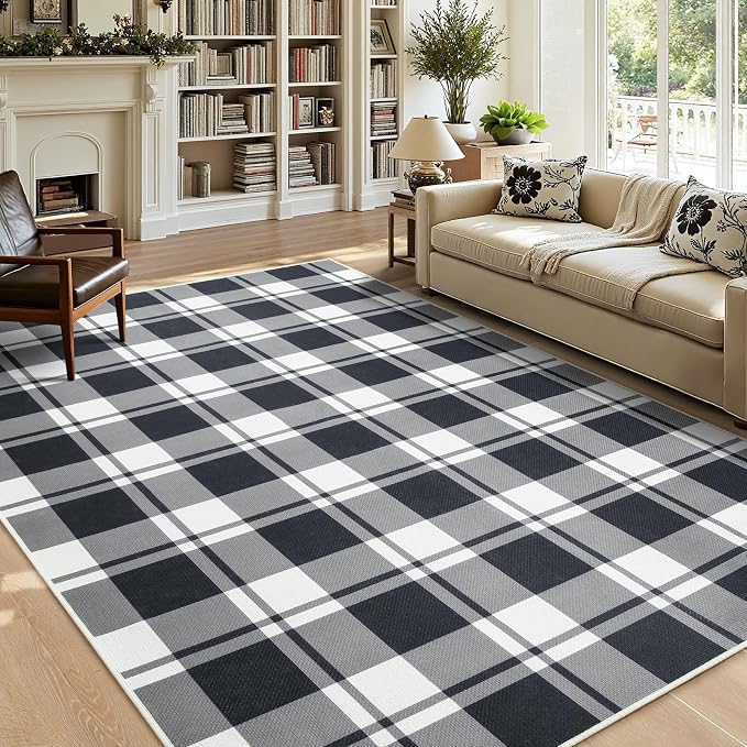 Checkered 4x6 Area Rugs, Jute Rug for Indoor Outdoor, Black/White | Washable Jute Area Rug With Non-Slip Backing, Low-Pile Texture, Farmhouse Geometric Pattern In Neutral White/Black, Durable