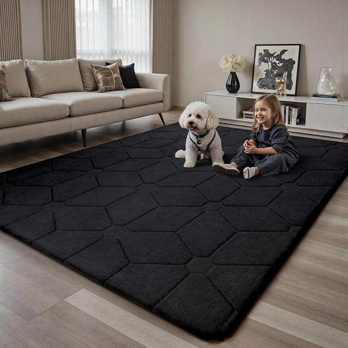 Sour Lemon Area Rugs 10x14 Living Room Bedroom, Exta Large Carpet Black | Washable, Geometric Alfombra Para Salas Modernas, Non Slip Big Soft Thick Fluffy Plush, Memory foam Rug for Kids Playroom