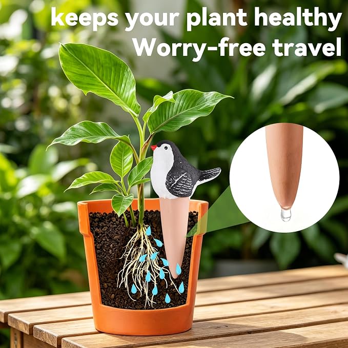 Yeswhat Self Watering Plant Spikes 4 Pack, Terracotta Automatic Plant Waterer for Indoor Outdoor Plants, Slow Release Watering Stakes, Vacation Plant Watering Devices for Potted Plants Garden(Bird)