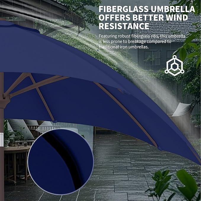Kingdura 9FT Outdoor Patio Umbrella, Round Market Table Umbrella with Push‑Button Tilt and Crank Lift, 8 Sturdy Metal Ribs, UV50+ Protection Canopy for Backyard, Lawn, Deck, Poolside, Garden (Navy blue)
