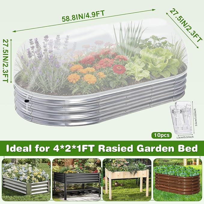 2 Pack Garden Netting for 4x2FT Raised Beds, Ultra-Fine Mesh Plant Covers with Drawstring&10 Clips, Bird, Pest & Small Animal Barrier for Protecting Vegetables, Fruits & Flowers