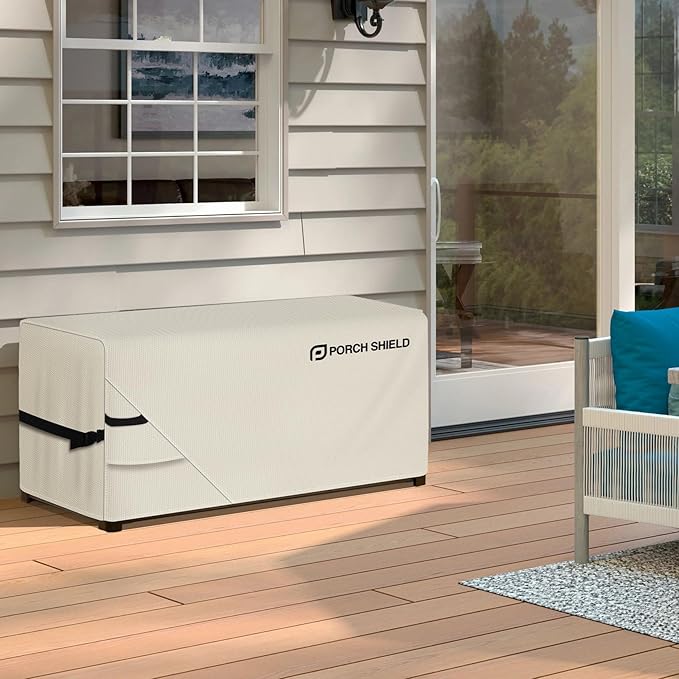 Porch Shield Patio Deck Box Storage Cover - 600D Outdoor Waterproof Cover for 70-80 Gallon Box Tear Resistant Rectangular Fire Pit Table Covers 46 x 24 x 24 inch Beige