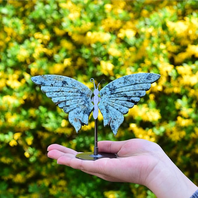 JIC Gem Natural Green Howlite Turquoise Quartz Crystal Butterfly Healing Gemstone Art Wings Carving Craft Ornament with Display Stand Decoration Reiki Chakra Balance (1pair, 10cm)