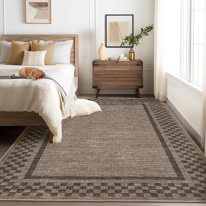 GarveeHome Machine Washable 5x7 Area Rugs Modern Bordered Living Room Rug | Non Slip Checkered Geometric Bedroom Throw Carpet Soft Neutral Rugs for Dining Room Nursery Home Office, Brown