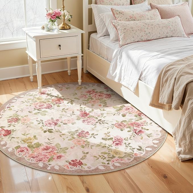 Lahome Floral Round Entryway Rug 4ft,Small Circle Rug for Girls Bedroom | Bathroom,Vintage Carpet for Kids Room, Nursery,Office, College Dorm Reading Nina