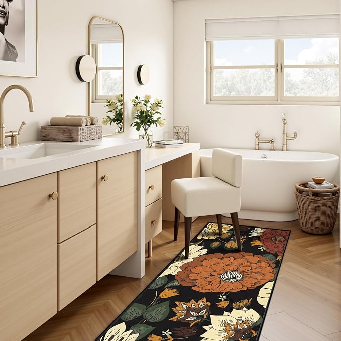 Tyrot Black Boho Floral 2x6 Washable Kitchen & Hallway Runner Rug Ultra-Thin Flat Woven Low Pile Botanical Runner Rug Non Slip Indoor Runner for Entryway, Laundry, Bathroom and Bedroom