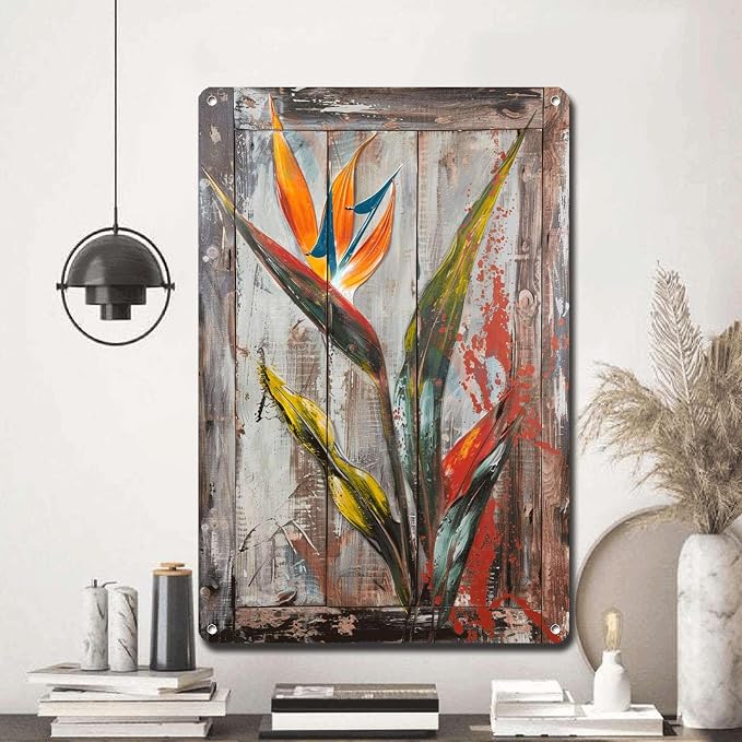 Metal Sign Tin Sign Vintage Wall Art Shabby Chic Bird of Paradise Tin Sign for Bohemian Interiors Cottage Charm and Nature Inspired Sp Wall Art for Room 6×8 Inches
