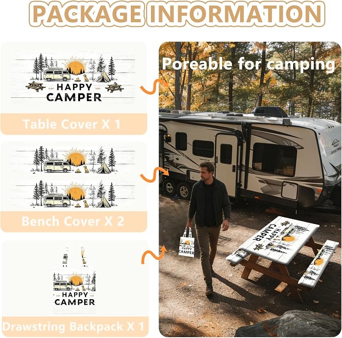 Picnic Table Cover with Bench Covers Elastic Edges, Outdoor Patio Camping Essentials 72 Inch 3PCS, Waterproof Camping Fitted Tablecloth with Handbags (Happy Camper)