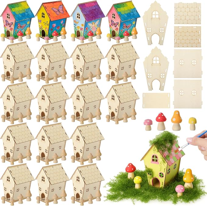 DoubleFill 18 Sets Wooden Fairy House Craft Kit for Kids - Classroom DIY Fairy Garden with Paints & Decorations - School Arts Crafts & Birthday Gift for Activity Party Decor (Classic Style)