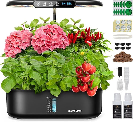 Ahopegarden Hydroponics Growing System: 12 Pods Temp ＆ Humidity Display | Plant Germination Kit with LCD Display and LED Grow Light for Planter Grower, Lettuce & Cherry Tomato Growth Enhancer
