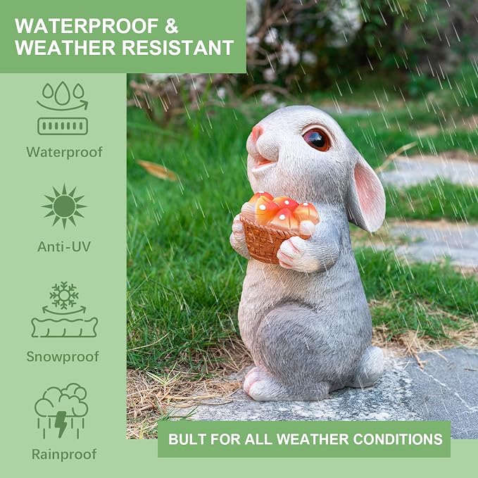 Solar Rabbit Garden Statues Outdoor Decor Resin Bunny Figurine Holding Mushroom with LED Lights for Porch Patio Lawn Yard Christmas Housewarming Gardening Gifts for Mom Grandma
