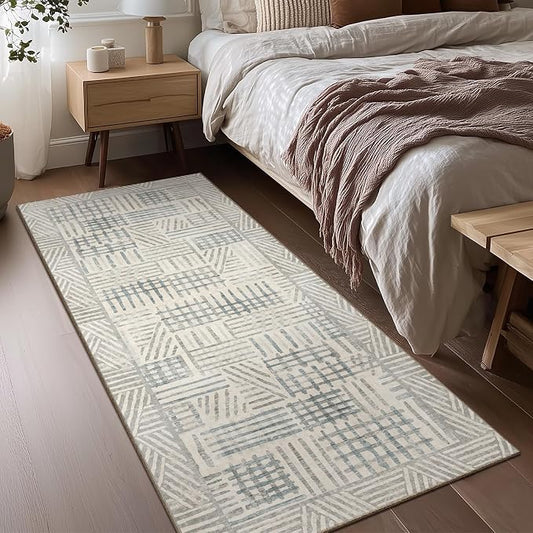 Area Rug 2x6 Abstract Geometric Textured Brushstroke - Neutral Gray & Light Blue Modern Minimalist Hallway Runner Rug, Decorative Carpet for Living Room Bedroom Home Decor