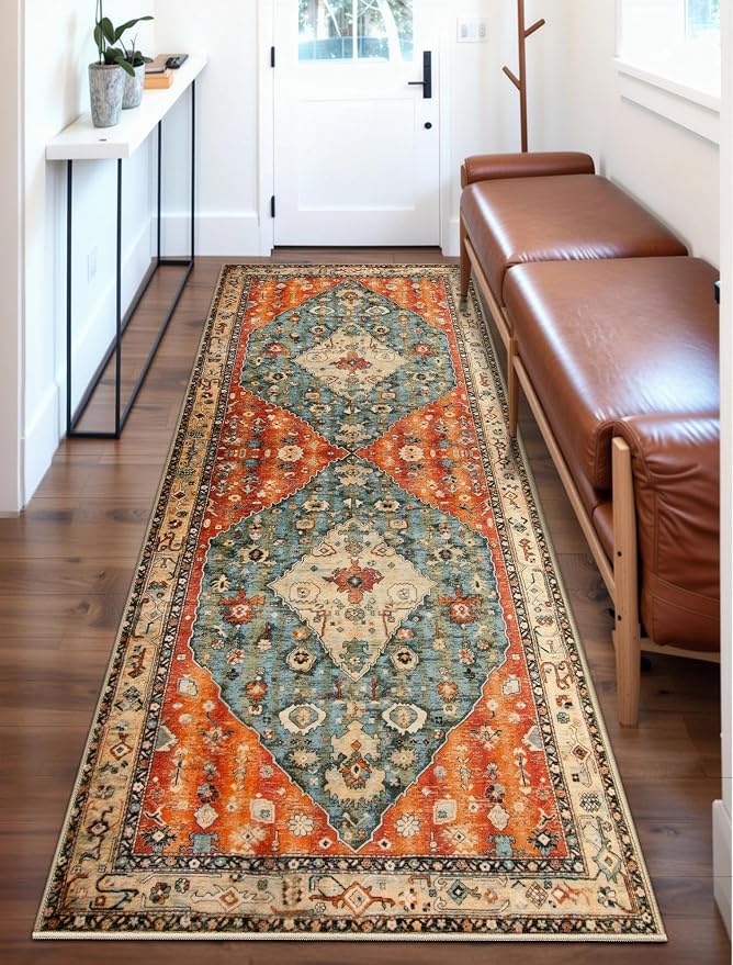 SERISSA 2x6 Washable Non Slip Boho Runner Rug for Hallway | Ultra Soft Vintage Oriental Carpet Low-Pile Distressed Tribal Floor Carpet for Kitchen Bedroom Bathroom Laundry Living Room