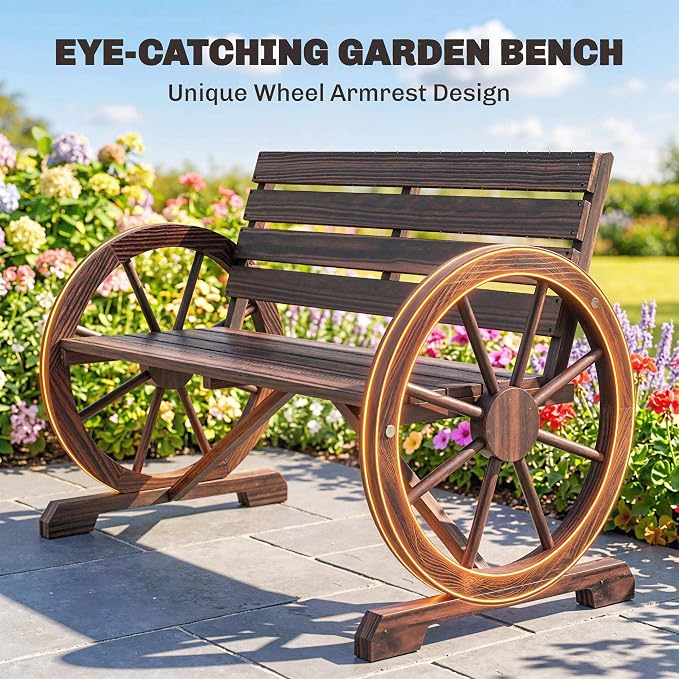 Outsunny 41" Wooden Wagon Wheel Bench, Rustic Outdoor Patio Bench Weather Resistance Furniture, 2-Person Slatted Seat with Backrest, Carbonized