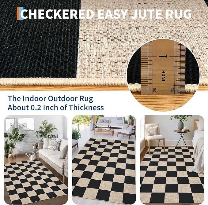 GarveeHome 9x12 Checkered Easy Jute Rugs for Bedroom Machine Washable Large Rugs Non-Slip Backing Modern Neutral Stain Resistance Carpets for Farmhouse Patio Dining Room Backyard Black