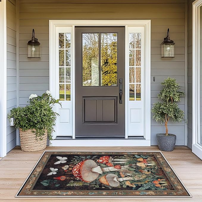 Botanical Mushroom Area Rug for Living Room Vintage Butterfly 3x5 Entryway Rug Modern Farmhouse Mushrooms Rugs Non Slip Low Pile Machine Washable Floor Carpet for Indoor Bedroom Dining Room Kitchen