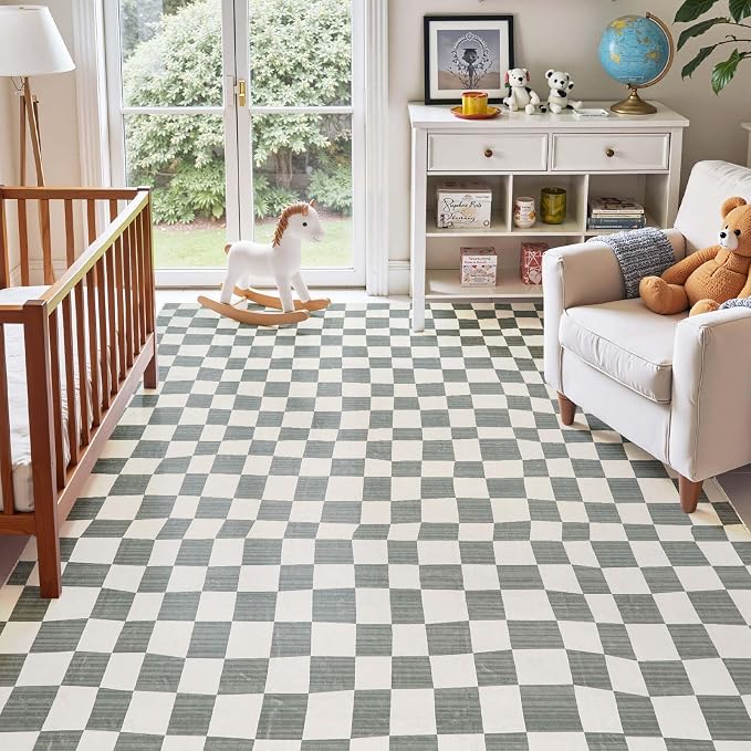 jinchan 6x9 Area Rug Washable Modern Checkered Rug for Kids Room, Grey | Geometric Lattice, Soft, Non-Slip, Floor Carpet, Kitchen, Nursery, Bedroom, Living Room, Dining Room, Nursery, Playroom