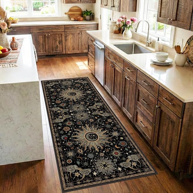 Vacuum-Friendly, 2x6 Washable Area Rug, Black Green Beige | Sun and Moon Boho Gothic Non-Slip Low Pile Living Roon Bedroom Dining Room Kitchen Entry Entryway Entrance Hallway Doormat