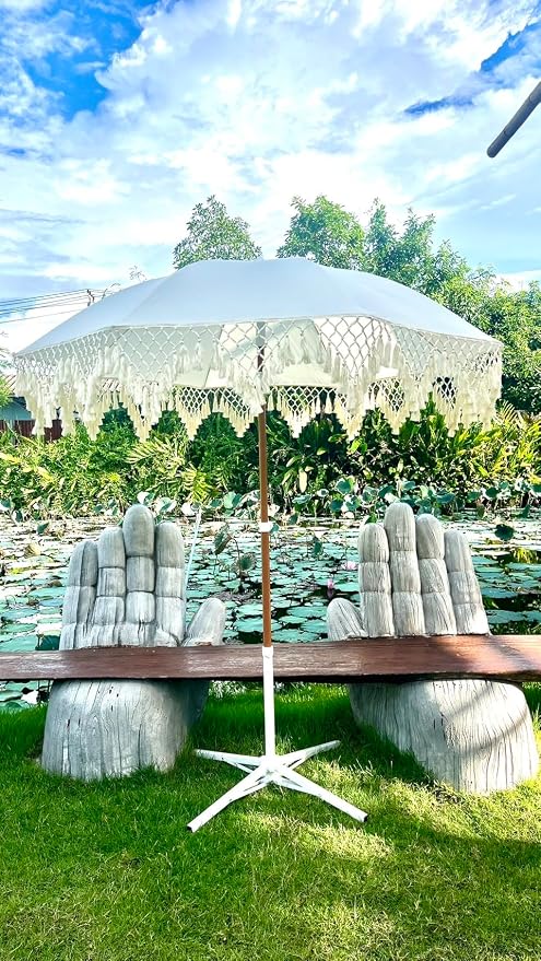 Bohemian Umbrella Macrame 6.5ft HANDCRAFTED Balinese MACRAME Canopy OUTDOOR Umbrella LUXURY Umbrella MIAMI Umbrella Premium Macrame for Deck, Patio, Pool, Sun Shade and Outdoor Entertaining