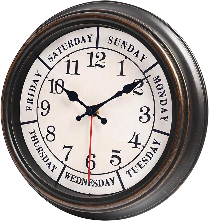 zyzamay 12 Inch Retro Wall Clock,Classic Day of The Week Wall Clock,Easy to Read,Non-Ticking Round Classic(Black Gold)