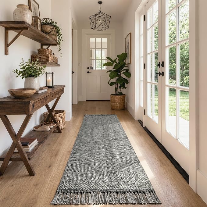 Boho Washable Kitchen Runner Rug, Farmhouse Hallway Rugs | 2.6' x 8' Modern Gray Bathroom Rugs, Hand Woven Low Profile Entry Hall Carpet for Laundry Bedroom Bedside PatioDecor