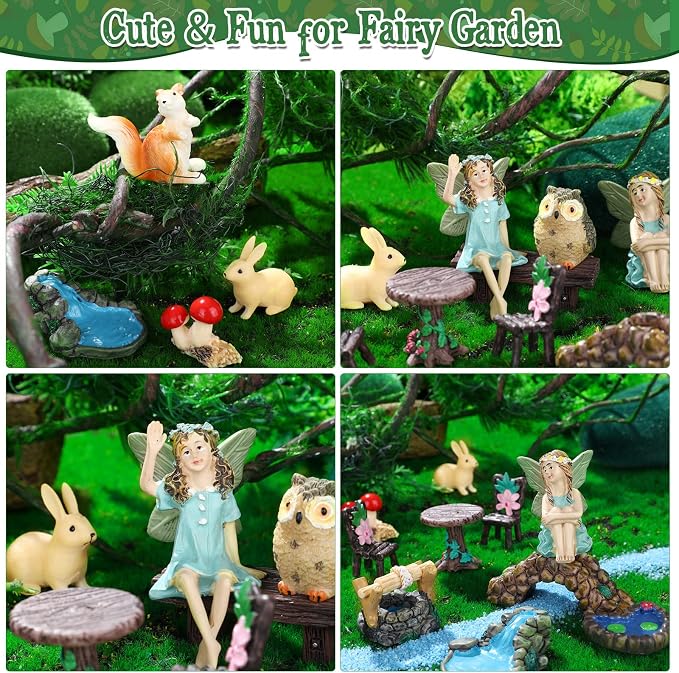Roowest 19 Pcs Miniatures Garden Fairies Kit Garden Accessories Miniatures Bunny Squirrel Owl Animals Cute Tiny Mushroom Mini Pond Bridge Figurine for DIY Home Micro Landscape Terrarium Ornaments
