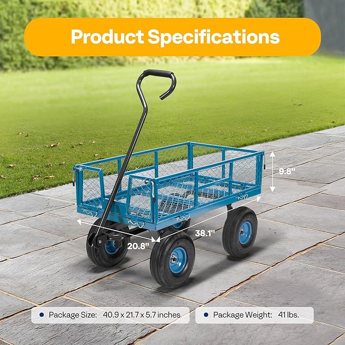 VIVOHOME Heavy Duty 880 Lbs 4.5 Cu Ft Mesh Steel Garden Cart Utility Wagon | Removable Sides and 4.10/3.50-4" Wheels 10 inch Tire (Blue)