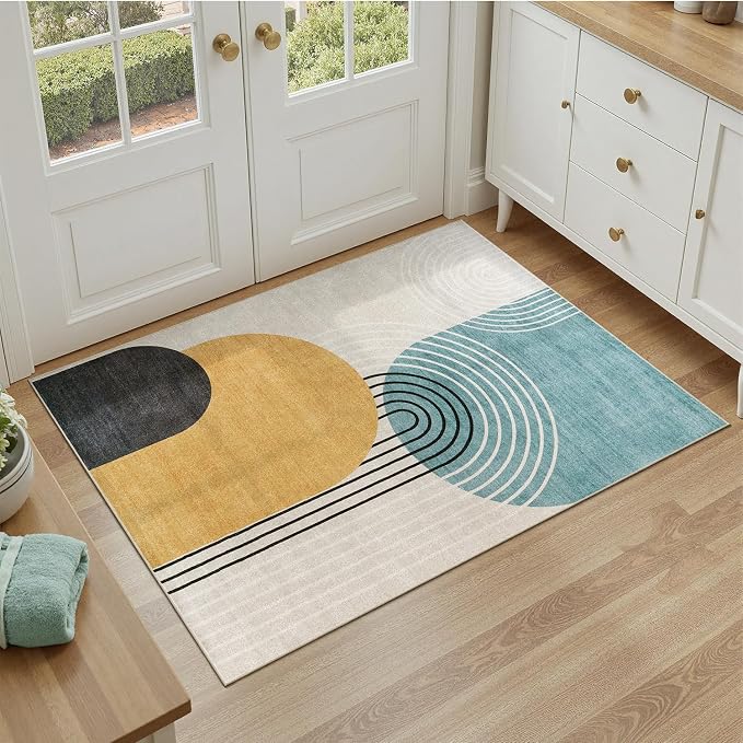 DCX Abstract Washable 3x5 Rug, Non Slip Low Pile Rug, Blue & Yellow | Rugs for living room, bedroom, dining room, office, soft, mid century modern rug, sain resistant indoor carpet, home decor