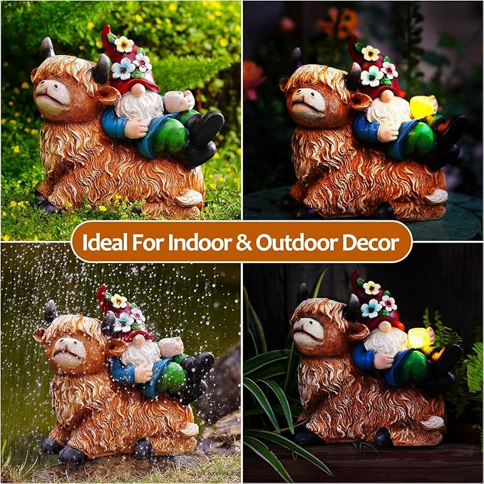 Pohabery Garden Gnomes Decor Outdoor Statues Gnome on Highland Cow Hold Solar Cup Light Outdoor Decorations for Patio,Yard and Gift for Mom（L