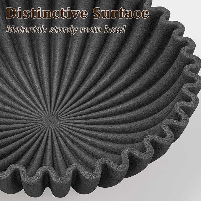 LIN CHUAN Ruffle Decorative Bowl, Large Fruit Bowl for Kitchen Counter, Stylish Key Bowl for Entry Table, Handcrafted Home Decor Display bowl, Artificial Stone Black